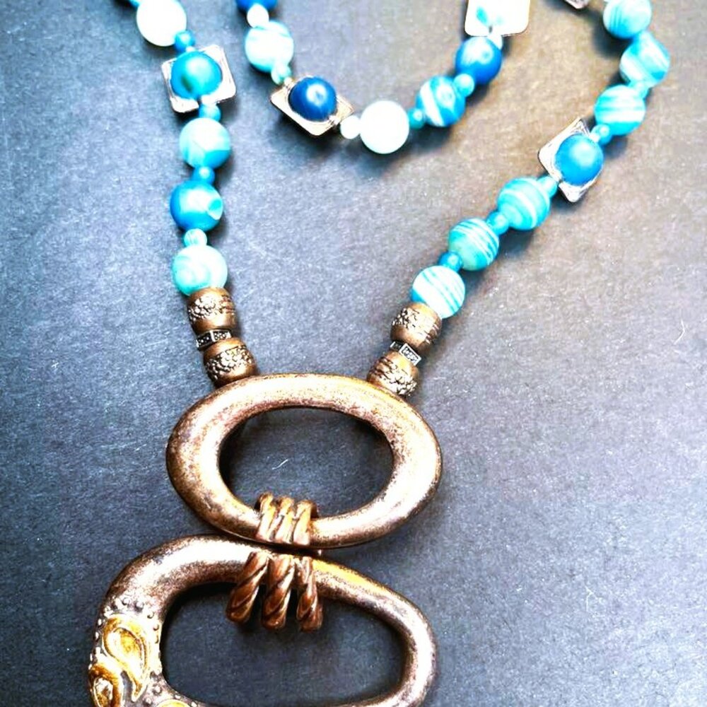 Blue Dyed Agate Necklace & Bracelet with Designer Pendant NWT